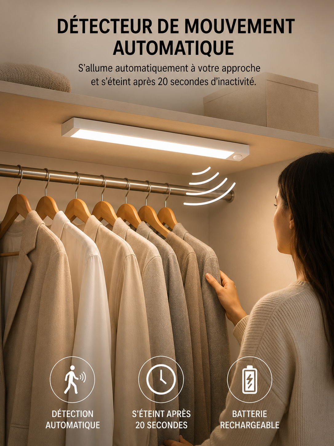 Lampe LED Blanche à Détecteur de Mouvement – Rechargeable